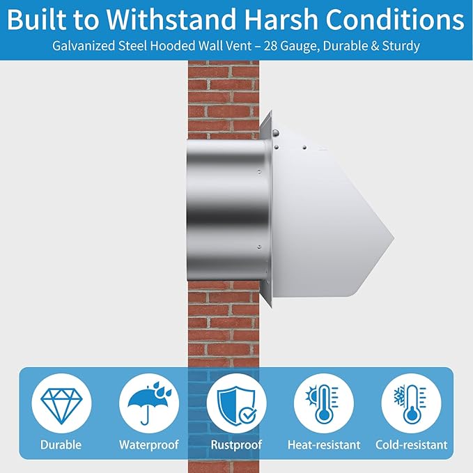 6 Inch Hooded Wall Vent with Screen and Damper,Wall Exhaust Vent Cover Cap,Dryer Vent Cover Outside,External Extractor Wall Vent Hood for House Kitchen Range Hood Air Ventilation White