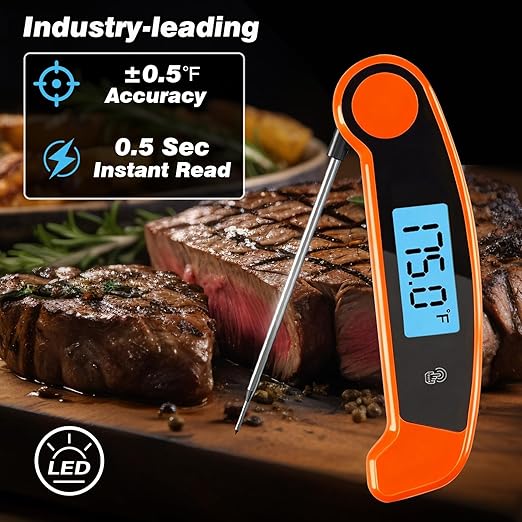 Meat Thermometer Digital Waterproof Instant Read Thermometer for Cooking ℃/℉ Convertible, Food Thermometer with Backlight, Cooking Thermometer for Kitchen Auto-Rotating Display Orange