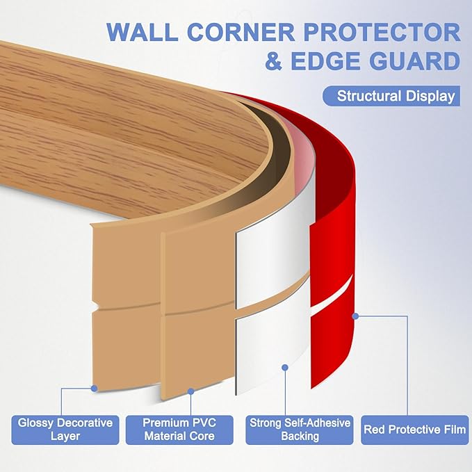 Wall Corner Protector Moulding Trim Peel and Stick Wall Corner Guards Trim Flexible Self Adhesive Edge Protector Moulding, 0.8 in x 10 Ft, Light Brown Wood