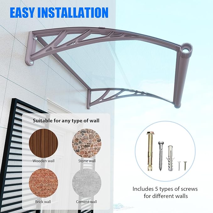 Awning for Door Entrance,40x40 Inches Awnings for Doors with Separate Drainage,Front Door Awning Exterior,Polycarbonate UV, Rain, and Snow Protection for Porch,Patio,Window,Deck