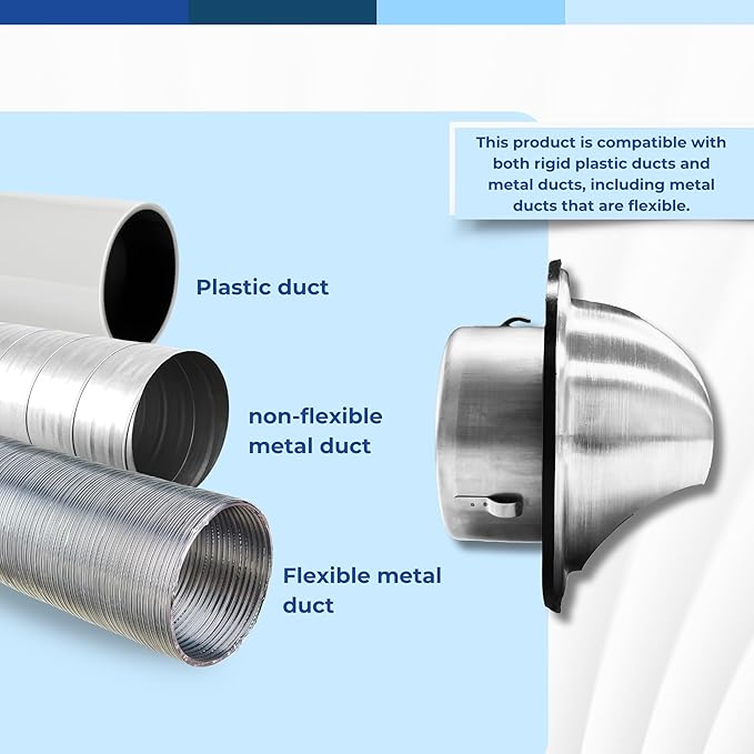 Fits 6" Neck Dryer Duct | Stainless Steel Round Exhaust Air Dryer Vent Cover Hood with Rubber Seal - Rust-Resistant, Weatherproof and Efficient Airflow Exterior Wall Outlet Duct Ventilation Grille