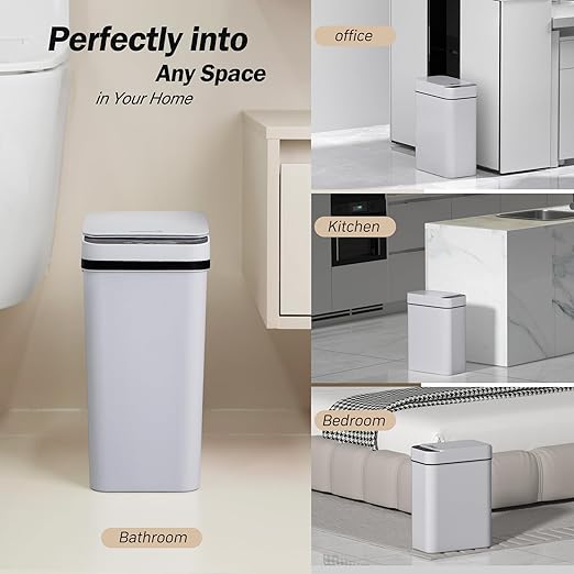 Bathroom Trash Can 2.6 Gallon Automatic Small Garbage Can with Lid, Slim Motion Sensor Plastic Narrow Trash Bin for Bedroom, Kitchen, Office (A-Basic Battery Supply-Grey, 1 Pack(2.6 Gallon))