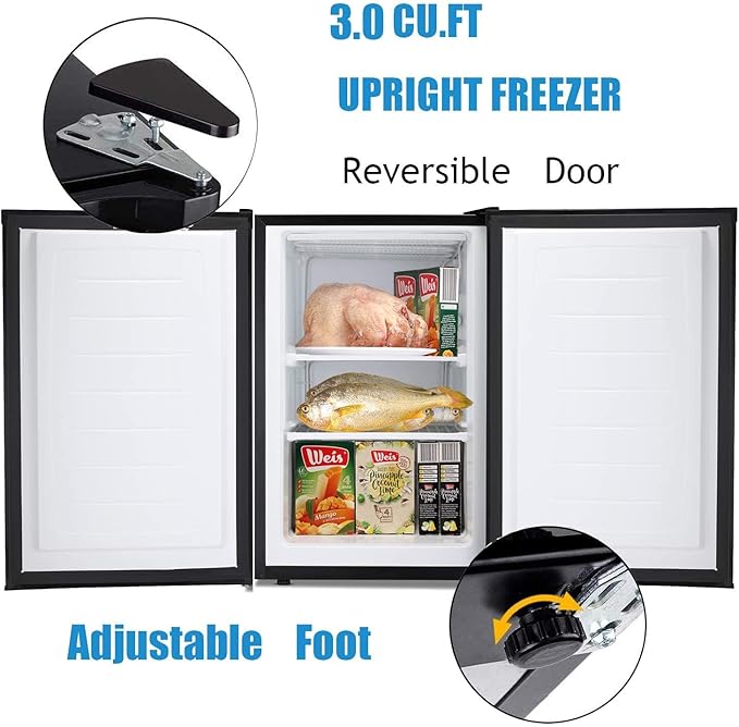 Antarctic Star 3.0 Cu.Ft Upright Freezer, Compact Stainless Steel Freezer with Reversible Door & 7-Temp Control, Removable Shelves, Ideal for Dorm, Home, Office, Black