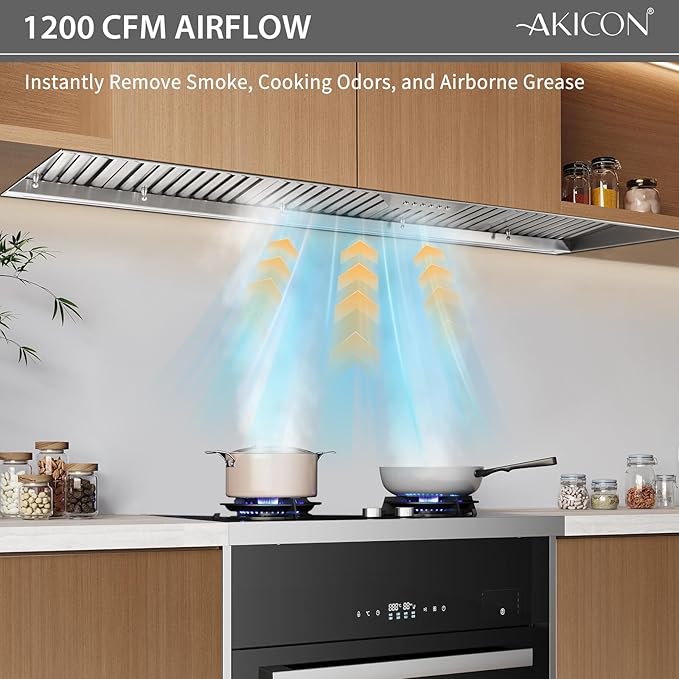 Akicon 60 Inch Range Hood Insert with Heater Sensor, 1200 CFM Ultra-Quiet Stainless Steel Ducted Vent Hood Insert with 4 Speed Fan, Dimmable LED Lights and Dishwasher Safe Filters