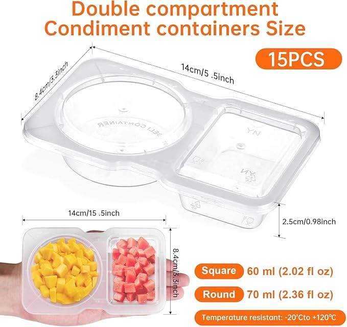 30 Sets BPA-Free Double Compartment Containers - Reusable Snack & Sauce Cups with Lids, Suitable for Kids and Adults, Ideal for On-the-Go Use, Snack Storage