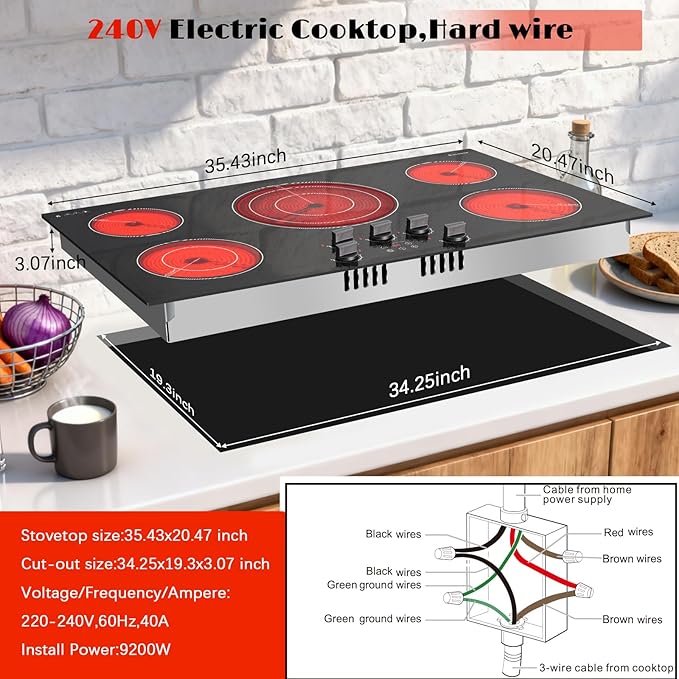 Karinear 36 inch Electric Cooktop, 5 Burner Radiant Cooktop with Knob & Touch Control, 9200W 240V Built-in Stove Top, 9 Power Levels, Timer, Child Lock, Pause, Residual Heat Indicator(Black Knob)