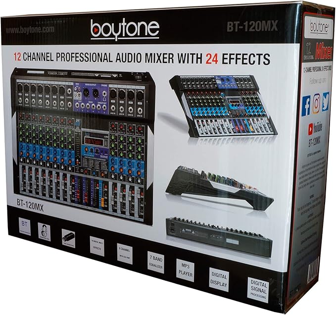 Boytone 12 Channel Bluetooth Studio Audio Mixer - DJ Sound Controller, USB MP3 Player, PC Recording, 96 KHZ, 11 Microphone Jack, 48V Phantom Power, 24BIT Digital Effect, Metal chassis, unpowered