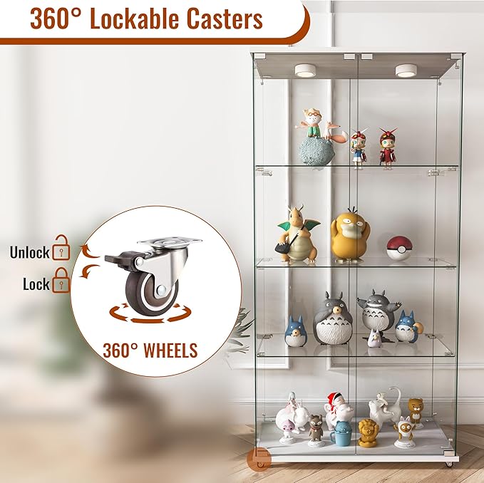 Yoluckea 4-Shelf Glass Display Cabinet with LED Lights, 2-Door Floor Standing Curio Cabinet with Universal Wheel for Home or Office, White Glass Bookshelf for Collections, Decor, and Corner Display