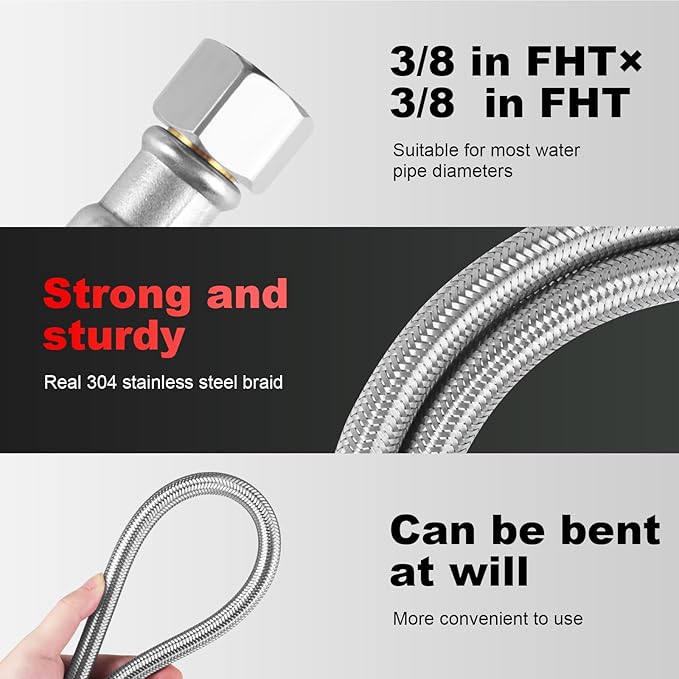 Dishwasher Installation Kit, 8ft,Dishwasher Water Supply Line, Stainless Steel Braided Burst Proof Hose ⅜"by⅜" Kit With Tee Stop Valve