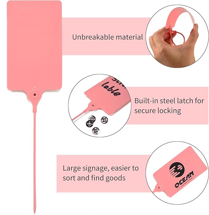 100 Plastic Tags: Big Waterproof Writable Label Ties with One Marker Pen (Pink)