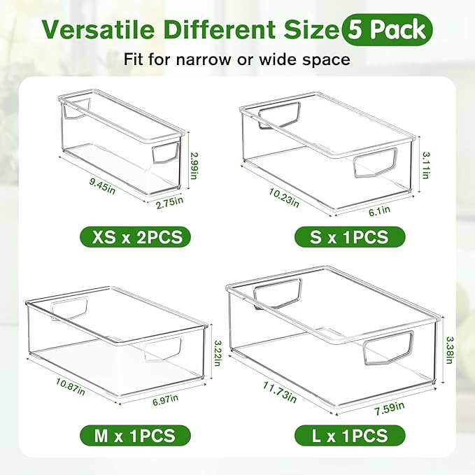 5 Pack Fridge Organizer Bins, Freezer Organizer Clear Stackable Storage Bins with Handles for Pantry, Cabinets, Kitchen, Home Organization Must Haves