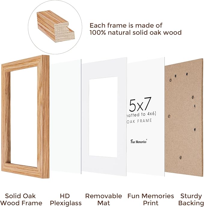 Fun Memories 5x7 Picture Frame, Solid Oak Wood 5 x 7 Frame with Plexiglass, 5 by 7 Photo Frame for Wall & Tabletop Display, 5x7 Picture Frame Matted to 4x6, Natural Oak Color, 1 Pack