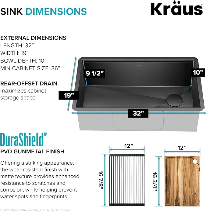 KRAUS Kore Workstation 32-inch Undermount 16 Gauge Black Stainless Steel Single Bowl Kitchen Sink in PVD Gunmetal Finish with Accessories, KWU110-32/PGM