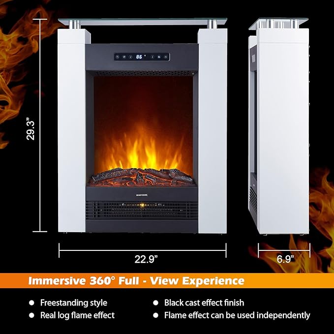 Wide Freestanding Electric Fireplace with Remote & Touch Control, 1500W Heater with Adjustable Timer & Thermostat, Realistic 3D Flame, 8-Hour Timer, Overheat Protection for Bedroom Living Room