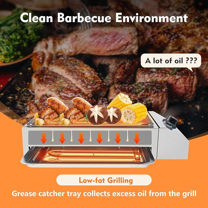 1800W Countertop Electric BBQ Grill Stainless Steel Party Grill Electric Barbecue Cooking Machine, Smokeless Party Grill Barbecue Tool, Fits Home Camping