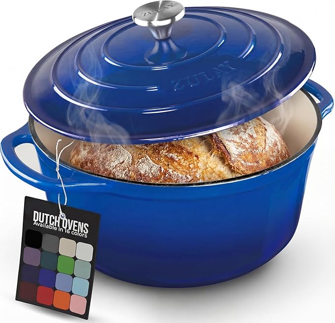 Zulay Kitchen 7.7 Quart Enameled Cast Iron Dutch Oven Pot with Lid – Premium Durability & Oven Safe up to 500°F – Heavy Duty Cookware Perfect for Bread Baking, Stews, Braising & Roasting – Blue