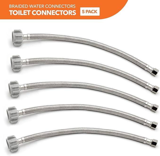 Stainless Steel Braided Water Connectors with Reinforced PVC Inner Hose for Toilets, 3/8" Compression x 7/8" Ballcock, 16" Length (5Pack)