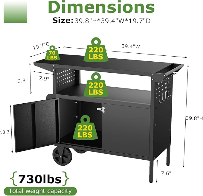 Grill Table,Outdoor Grill Cart with Storage,Outdoor Bar Cart with Wheels,Foldable Tabletop,Kitchen Island for Prep,Patio BBQ(Metal)
