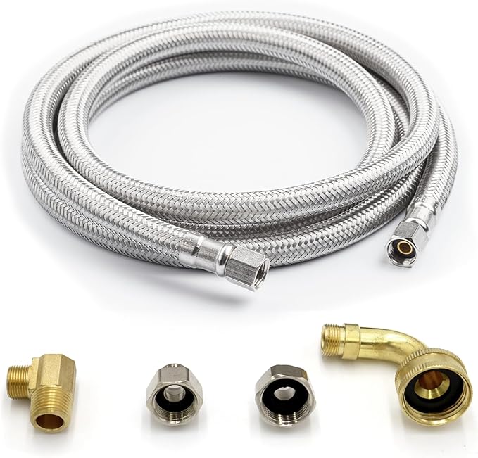 Universal Dishwasher Installation Kit, 3/8" Compression, 4ft long Braided Stainless Steel Hose + 3/4" Hose Bibb Elbow + 3/8" Compression Elbow & Compression Adaptor + 1/2" Compression Adaptor