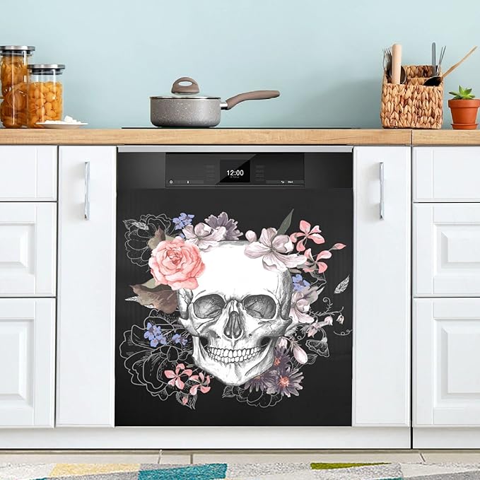 Dishwasher Magnet Cover Skull Magnetic Refrigerator Panel Halloween Decorative Vinyl Fridge Microwave Sticker Home Seasons Decor, 26x23 in