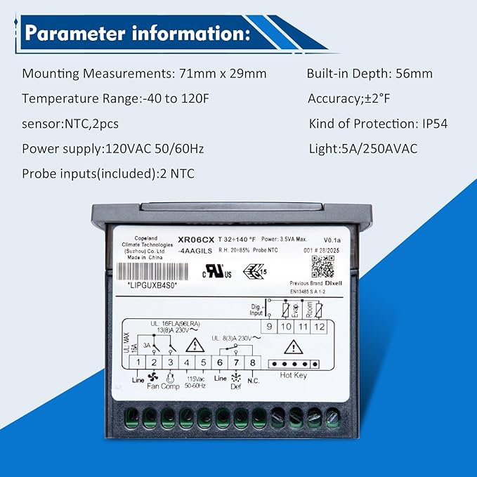 for Dixell XR06CX-4AAGILS Temperature Controller, Upgraded Version, Large Digital Display,Fit for 120V 50-60hz Commercial Refrigerators/Freezer (4N1F1 Upgrade-Large Print)