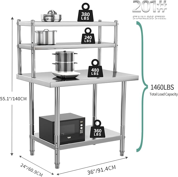 YITAHOME NSF Stainless Steel Table with Overshelf, 36" X 24" Work Table and 36" X 12" Shelf, Metal Prep Table for Home, Kitchen, Restaurant, Garage, Warehouse