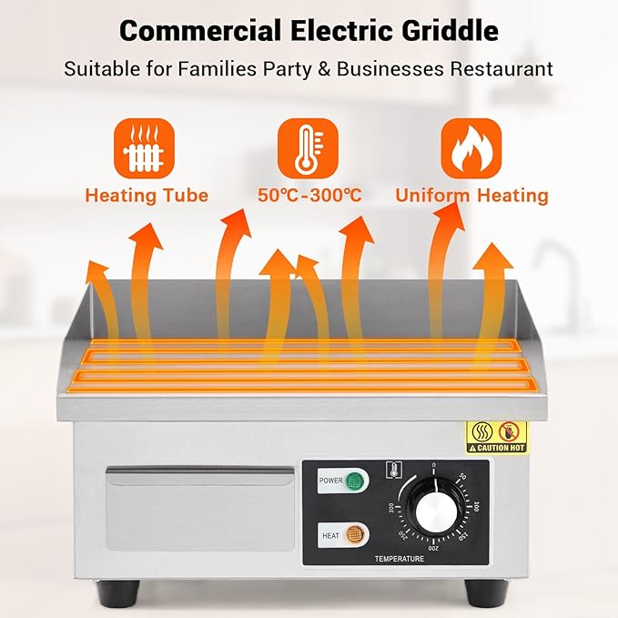 Commercial Electric Griddle 14 Inch – 1500W Stainless Steel, Non-Stick Flat Top Teppanyaki Grill, Adjustable Temp 50°C-300°C (122°F-572°F), Includes 2 Shovels & 2 Brushes, Countertop