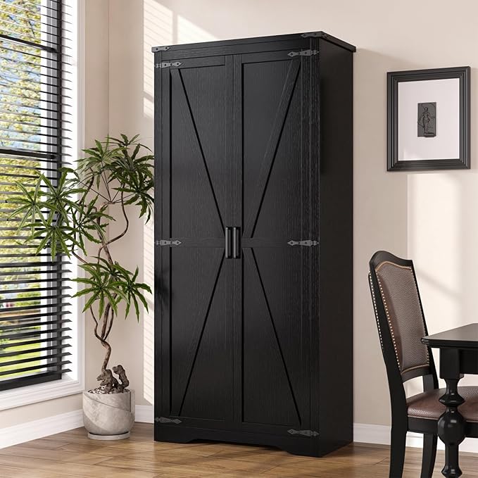Tall Storage Cabinet with Adjustable Shelves, Farmhouse Pantry Organize with 2 Barn Doors, Large Freestanding Cabinet for Kitchen, Garage, Basement, Living, Utility Room, Black