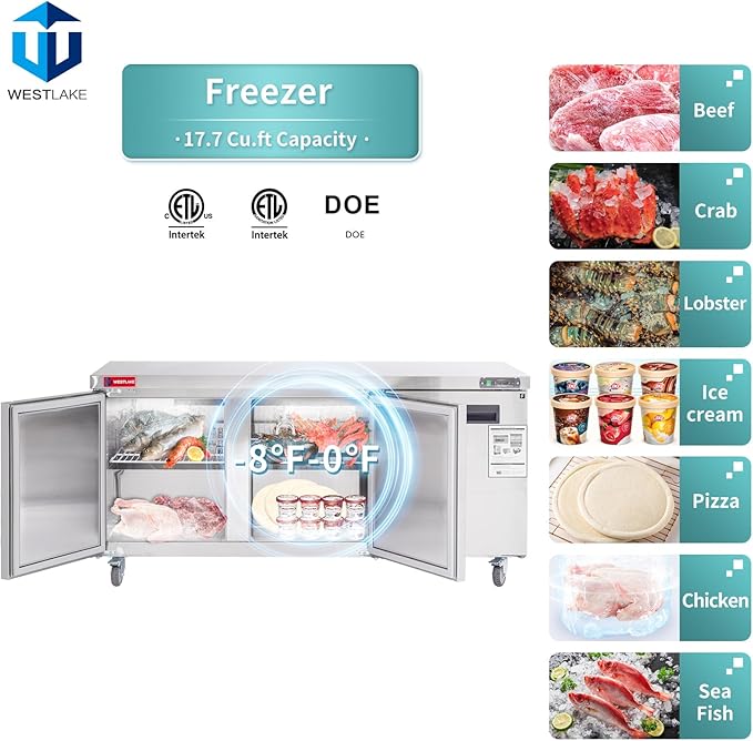 WESTLAKE 72" W Commercial Freezer Worktop Undercounter Freezer 17.7 Cu.ft Single Door Stainless Steel Counter Fan Cooling Freezer Food Prep Station for Restaurant, Bar