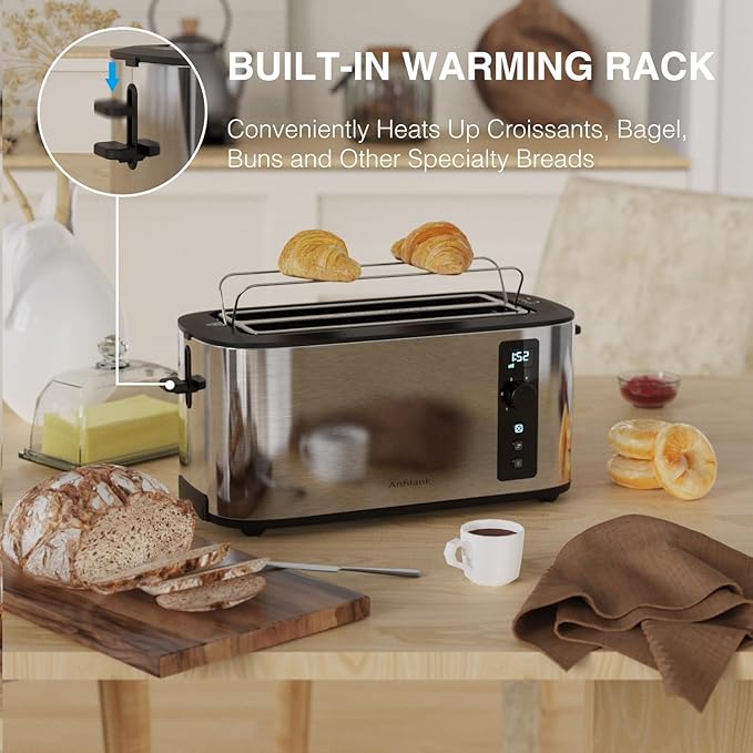 Toaster 4 Slice with Countdown Timer, Extra Wide Slots for Bagels and Waffles, 6 Browning Settings, Removable Crumb Tray, Stainless Steel