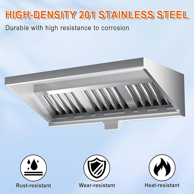 6FT Commercial Kitchen Exhaust Hood Food Truck Vent Hood Durable Stainless Steel Concession Trailer Hood with 3 Removable Hood Filters (No Motor), NSF Listed