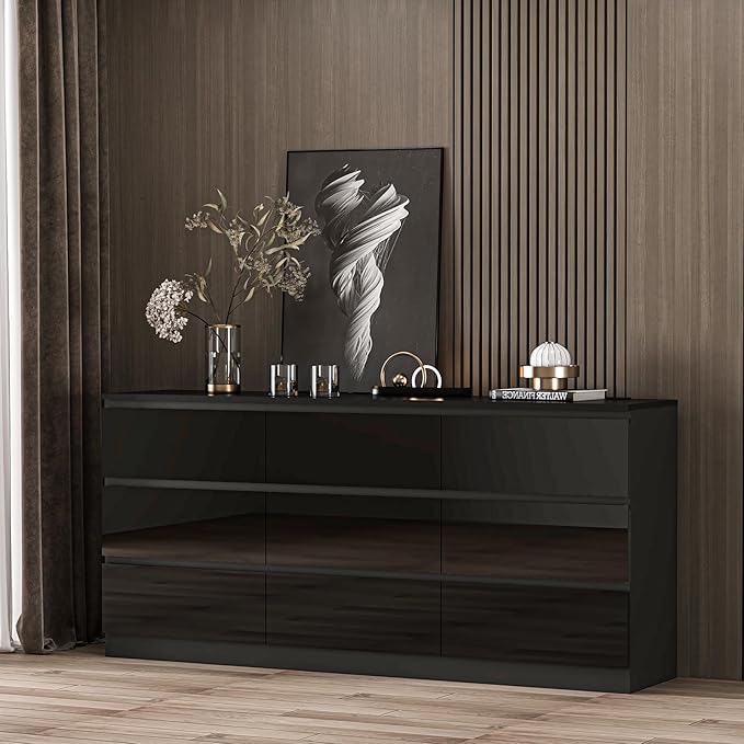 9 Drawers Dresser with Charging Station, Modern Large Dresser with 9 Handle Free Drawers, Wood Chest of Drawers for Bedroom, Living Room, Entryway, Hallway, Black