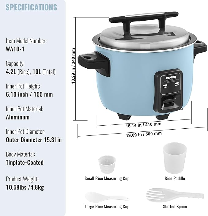 VEVOR Commercial Rice Cooker, 60-Cup Rice Cooker, 13.74 Qt / 13 Liter Large Rice Cooker and Warmer with Nonstick Inner Pot, Fast Cooking and 24-Hour Keep Warm, with Rice Cup and Paddle, for Restaurant