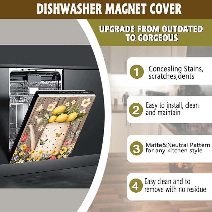 Farmhouse Lemon Dishwasher Magnet Cover,Pastoral Flowers Butterfly Magnetic Dishwasher Cover Vinyl Sticker,Fridge Door Cover Magnets Art Skin Panel Decal,Home Decor Decal,23"X26"