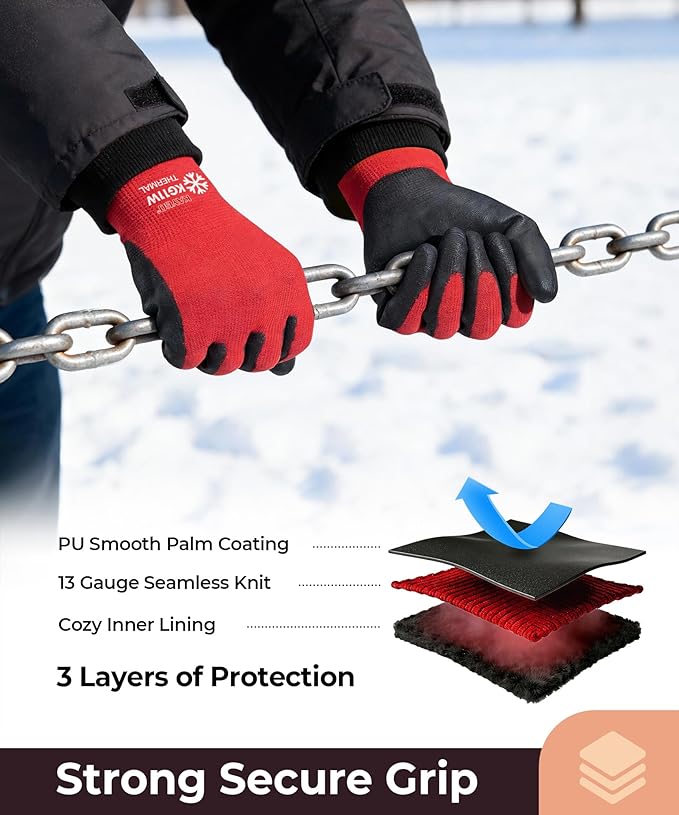 KAYGO Winter Work Gloves for Men and Women, 12 Pairs Thermal Insulated Safety Work Gloves PU Coated, Smooth Grip on Palm & Fingers,Ideal for Freezer Work,Red,M
