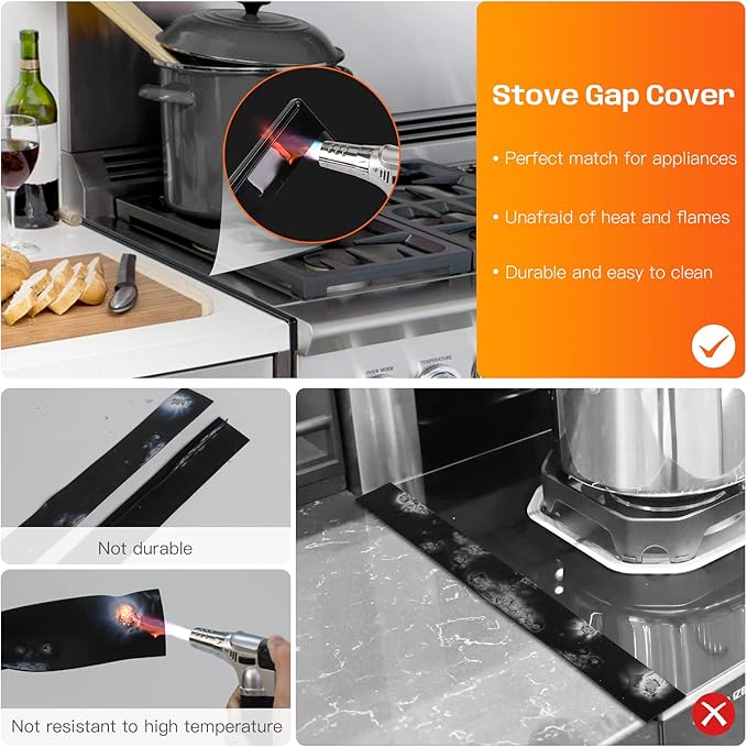 Stove Gap Covers, 25.6" Long & 0.4" Wide Stove Counter Side Gap Guards, Oven Gap Filler with Aluminum, Heat Resistant and Easy to Clean, Range Trim Kit, Left and Right 2 PCS(Black)