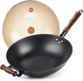 WANGYUANJI Cast Iron Wok,14.1 inch Flat Bottom Wok with Glass Lid,Suitable for All Cooktops, Uncoated Craft Pot Healthy Cooking Pot