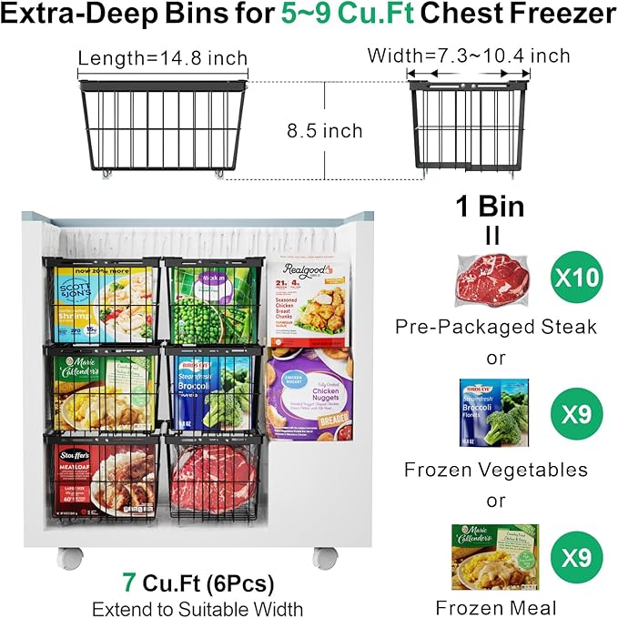 iSPECLE Freezer Organizer Bins - 6 Pack Adjustable Width for 5 to 7 Cu.Ft Chest Freezers, Stackable Freezer Wire Storage Baskets for Deep Freezer Organization, Assembly Required, Black