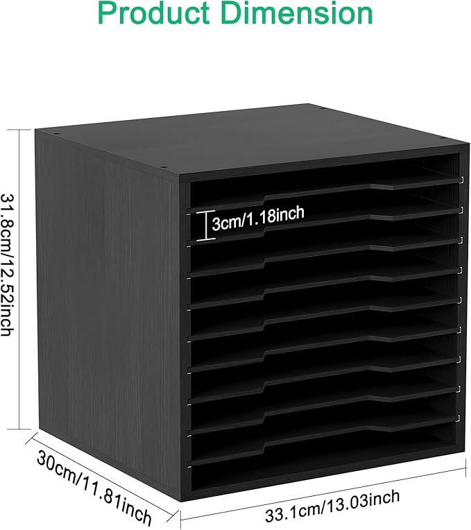 EasyPAG Scrapbook Paper Storage Organizer for Craft Room, 12x12 Paper Storage Desk Shelf, 10 Slot Adjustable File Sorter for Office School Classroom, Black