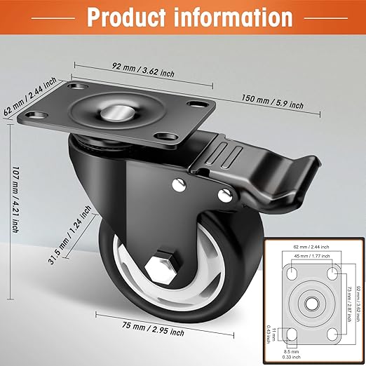 Casters, 3" Caster Wheels，Casters Set of 4 Heavy Duty - ASRINIEY Black Polyurethane Castors, Top Plate Swivel Wheels, 4-Pack Industrial Casters with Brake, Locking Casters for Furniture and Workbench