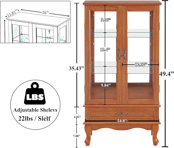 49" H Lighted Curio Cabinet Display Case, Glass Curio Cabinet with Adjustable Shelves,Tempered Glass Door and Drawer, Wooden Cabinets w/Mirrored Back Pane for Living Room (Oak)