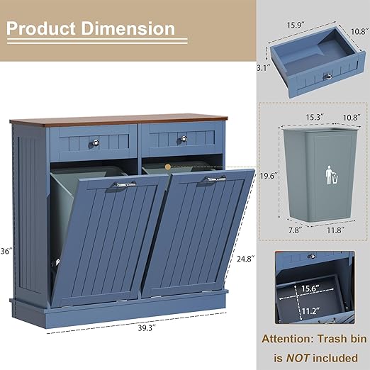 Tilt Out Trash Can Cabinet with Double Hidden Trash Bin Holder, Kitchen Free Standing Recycling Cabinet,Dog Proof Trash Can,Wood, Blue