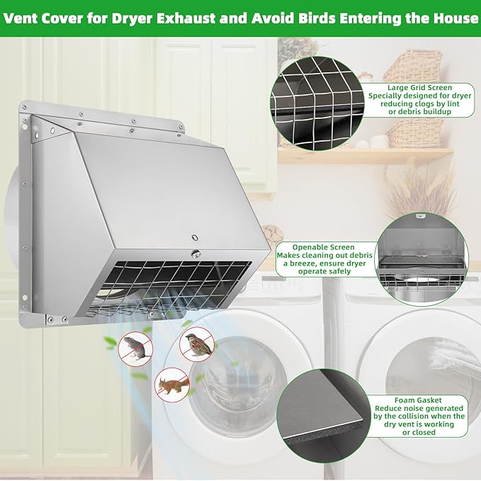 6 Inch Wall Vent Cover Dryer Vent Cover Outside,304 Stainless Steel Exhaust Vent Cover Cap with Screen and Damper,External Extractor Exterior Wall Vent Hood Air Vent for Range Hood Bathroom Fan Duct