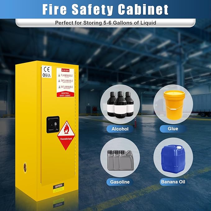 25 Gallon Flammable Storage Cabinet, 35.5×18×18in Galvanized Steel Safety Storage Cabinet, Adjustable Shelf Fireproof Cabinets, Flammable Liquid Storages Cabinets for Industrial and Home Use, Yellow