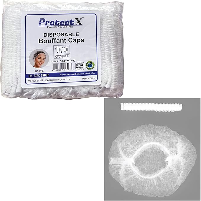 ProtectX 100-Pack White Disposable Hair Nets, Elastic Head Cover, Bouffant Caps, Sanitation Head Cover for Food Service, Spa Men & Women - 21 inch