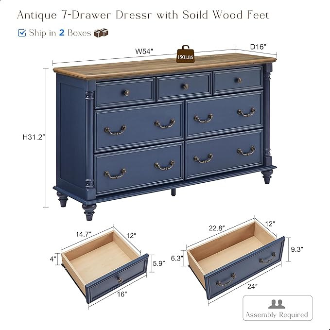 T4TREAM Farmhouse 7 Drawers Dresser Chests for Bedroom with 4 Solid Wood Feet, Tall Wide Wood Country Rustic Chest of Drawers, Storage Dressers for Bedroom, Living Room, Rustic Oak Antique Blue