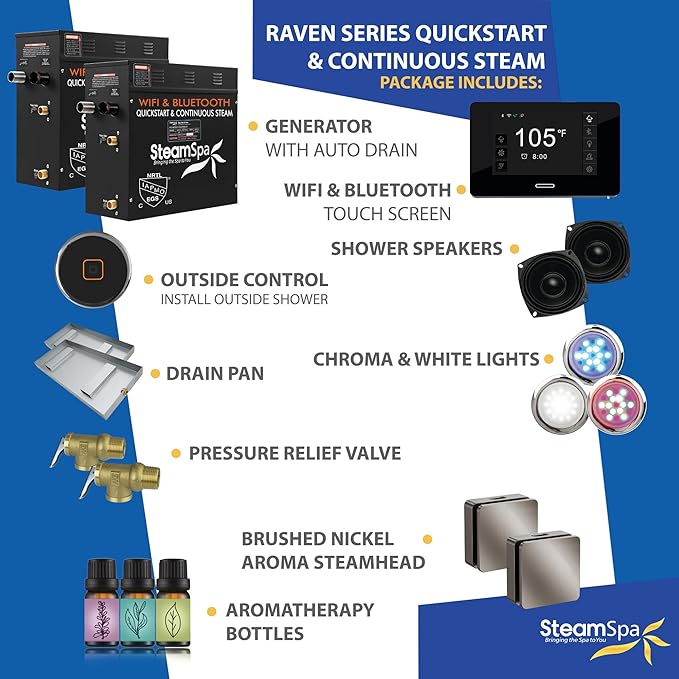 SteamSpa Steam System 18kW Steam Shower Generator with Bluetooth Wifi, Quickstart Continous Steam, Advanced Touch Pad Screen, Chroma Lights, Drain Pan and Auto Drain Brushed Nickel RVBS1800BN-A