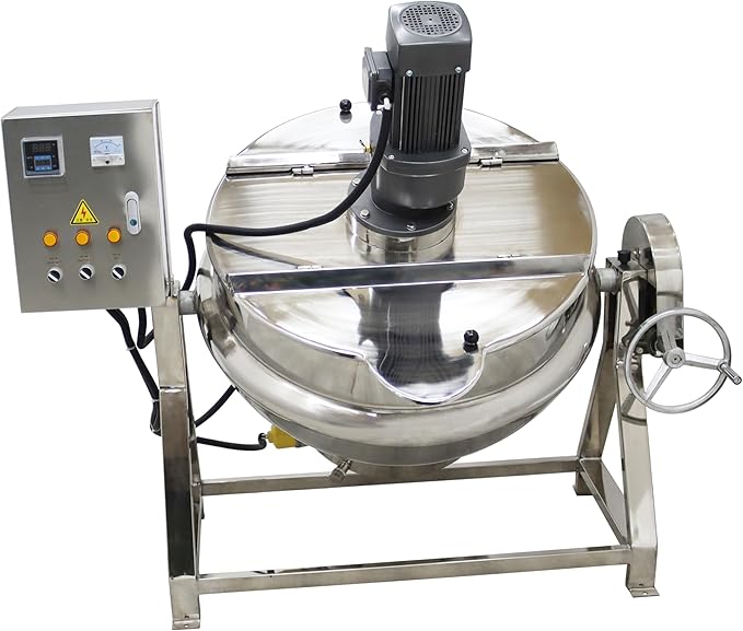 52Gal Commercial Jacketed Kettle with Stirrer Stainless Steel Tilting Stirring Jacketed Kettle for Food Processing Electric Heating 220V 60HZ 3-Phase 1.5KW
