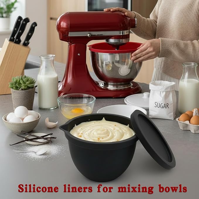Silicone Liners for Kitchenaid Tilt-Head 5 Qt Mixers, 3-Pack Silicone Bowl Inserts with Lids, Thicker Non-Stick Odorless, Dishwasher Safe, Easy Cleanup for Baking