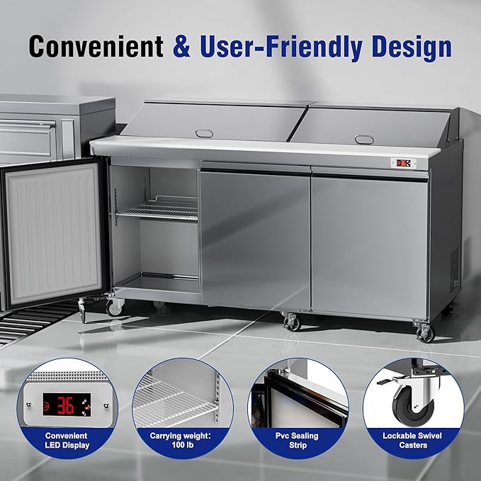 72" W Sandwich Salad Prep Table 3 Door Commercial Stainless Steel Food Prep Station, Cut Board with lock for Restaurant